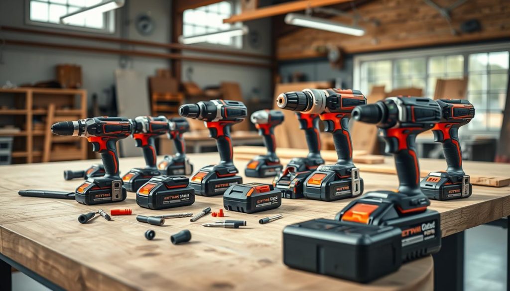 A dynamic composition showcasing various cordless power tools, such as drills, saws, and impact wrenches, arranged artistically on a modern wooden workbench. In the foreground, highlight tools with ergonomic designs, emphasizing their sleek, high-performance battery packs. In the middle ground, display scattered tool accessories, such as drill bits and saw blades, adding depth to the scene. The background features a well-lit workshop environment with soft, natural light filtering through large windows, creating a warm and inviting atmosphere. The focus is sharp on the tools, with a slightly blurred effect for the background to draw attention to the cordless features. Overall, the image conveys a sense of innovation, efficiency, and modern craftsmanship, capturing the essence of performance and autonomy in cordless tools.