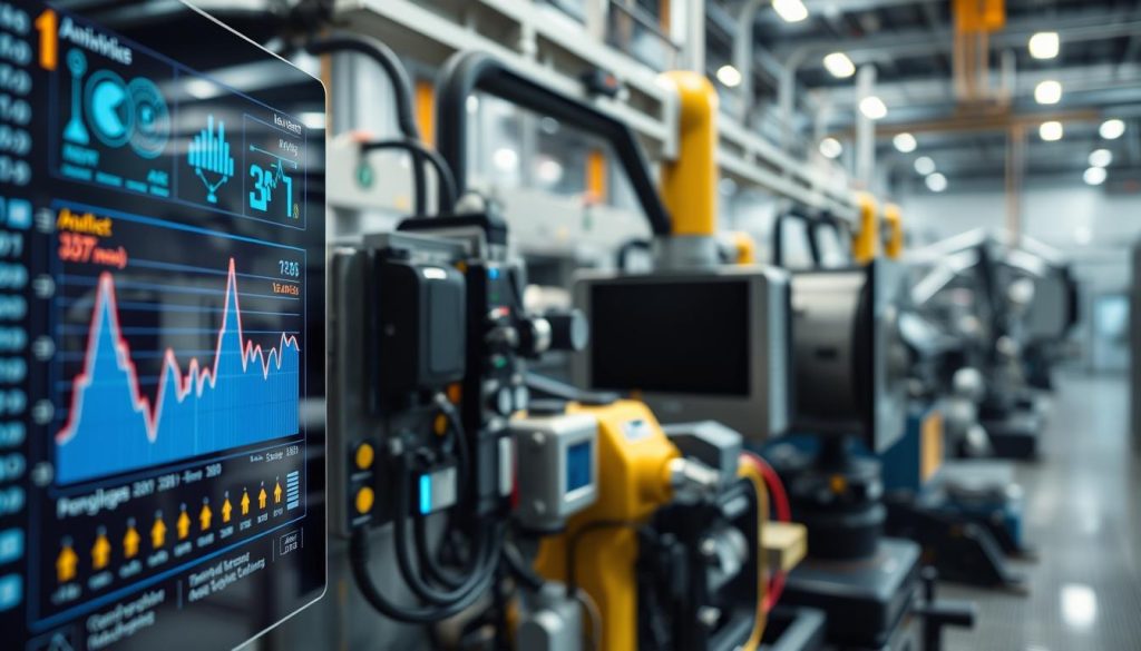 A futuristic and detailed depiction of IoT sensors used in predictive maintenance. In the foreground, a close-up of a digital display showing real-time data analytics, graphs, and alerts. In the middle, various advanced IoT sensors are integrated into industrial machinery and equipment, showcasing their sleek design and connectivity features. The background features a high-tech industrial environment, with machinery and robotic systems operating smoothly. Soft, ambient lighting casts a professional glow over the scene, highlighting the technology's modernity and sophistication. The composition has a slightly elevated angle, providing depth and focus on the sensory details, evoking a sense of innovation and precision in predictive maintenance processes. The overall mood is one of advancement and efficiency, illustrating the critical role of IoT in modern industry.