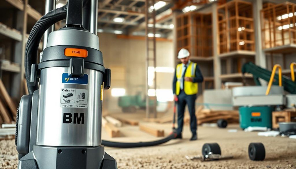 A high-performance construction vacuum cleaner prominently displayed in a construction site setting, showcasing its robust features designed for silica dust filtration. In the foreground, focus on a sleek, heavy-duty vacuum with visible labels indicating "Class M" certification. The middle ground features workers in professional business attire, wearing safety gear, operating the vacuum amidst a dusty environment filled with construction materials like concrete and wood. In the background, unfinished buildings and machinery create a dynamic, industrious atmosphere. The lighting is bright and neutral to emphasize the vacuum's capabilities, and the angle is slightly low to convey a sense of power and efficiency. The mood is professional and focused, reflecting the demands of the construction industry.