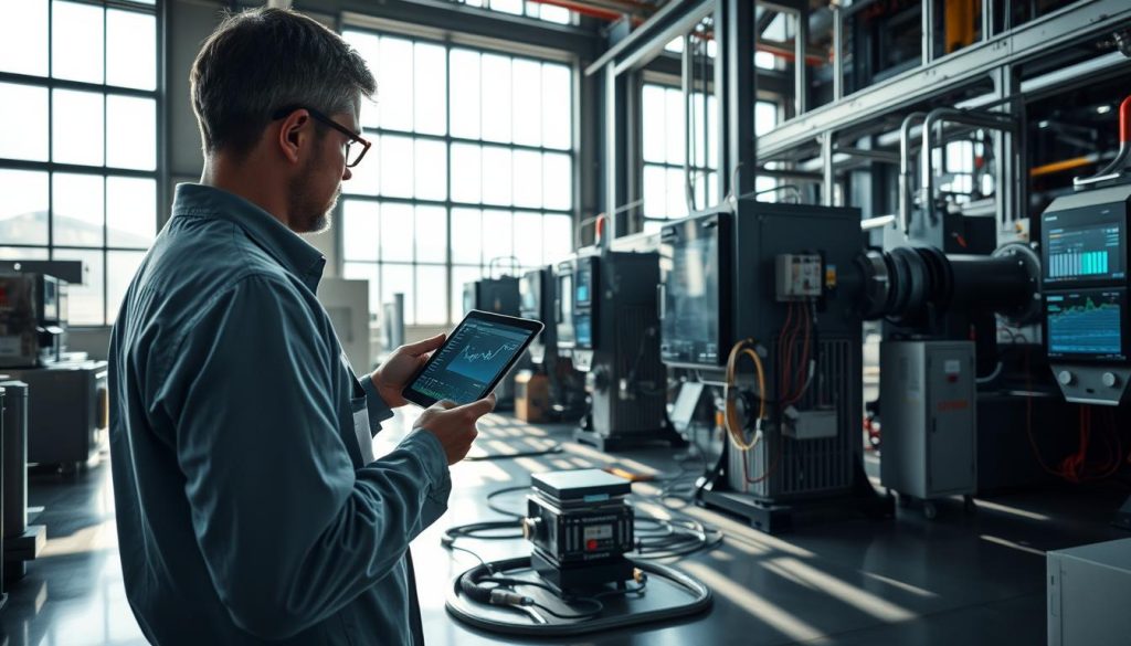 A modern industrial setting showcasing predictive maintenance at work. In the foreground, an engineer in professional attire inspects advanced machinery using a tablet, displaying data analytics on screen. In the middle ground, various sophisticated machines and sensors, interconnected with visible wiring and screens showing performance metrics, illustrate the concept of real-time monitoring. The background features large factory windows allowing natural light to flood in, enhancing the ambiance. Soft shadows and reflective surfaces create a clean, high-tech atmosphere. The overall mood is one of innovation and efficiency, emphasizing the synergy between human expertise and advanced technology for superior maintenance practices.