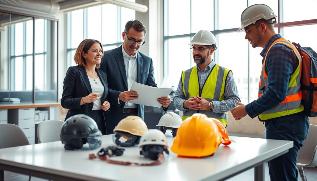 A modern workplace scene showcasing professionals in business attire, focused on integrating connected personal protective equipment (EPI). In the foreground, a diverse group of three individuals—one woman with short hair, one man with glasses, and another man with a safety helmet—are engaged in a collaborative discussion over a digital tablet displaying a step-by-step guide. In the middle ground, various smart EPIs like helmets and safety vests are laid out on a sleek table, emphasizing connectivity features. The background features a bright, open office space with large windows allowing natural light to flood in, creating an optimistic and innovative atmosphere. The camera angle is slightly elevated, capturing the scene's depth and dynamic interactions. The overall mood is professional and forward-thinking, underscoring the theme of innovation in workplace safety. A modern workplace scene showcasing professionals in business attire, focused on integrating connected personal protective equipment (EPI). In the foreground, a diverse group of three individuals—one woman with short hair, one man with glasses, and another man with a safety helmet—are engaged in a collaborative discussion over a digital tablet displaying a step-by-step guide. In the middle ground, various smart EPIs like helmets and safety vests are laid out on a sleek table, emphasizing connectivity features. The background features a bright, open office space with large windows allowing natural light to flood in, creating an optimistic and innovative atmosphere. The camera angle is slightly elevated, capturing the scene's depth and dynamic interactions. The overall mood is professional and forward-thinking, underscoring the theme of innovation in workplace safety.