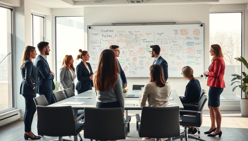 A professional setting illustrating the concept of "Fixation professionnelle." In the foreground, a diverse group of individuals dressed in smart business attire stands in a modern office environment, engaged in a brainstorming session around a conference table. They are sharing ideas with focused expressions, emphasizing collaboration and professionalism. In the middle ground, a large whiteboard filled with colorful diagrams and notes visualizes various career paths and methodologies, symbolizing the exploration of professional fixation. The background features large windows allowing natural light to illuminate the space, creating a warm and inviting atmosphere. Soft shadows cast by the furniture enhance the depth. The overall mood is one of motivation and determination, inviting viewers to consider the significance of professional fixation.