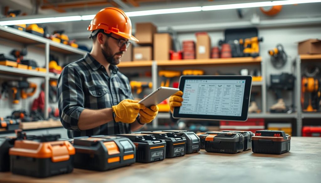 A professional workshop scene showcasing a step-by-step battery selection guide for construction tools. In the foreground, a well-organized workbench displays various tool batteries, labeled clearly and arranged by type. In the middle ground, a professional wearing a safety helmet and work gloves analyzes the batteries, referring to a digital tablet with a chart of specifications. The background features shelves filled with power tools and safety equipment, illuminated by bright, overhead LED lighting that enhances visibility and focus. The atmosphere is energetic and informative, augmented by a soft-focus effect on the background to emphasize the main subjects. The image captures a sense of precision and professionalism, ideal for a technical article.