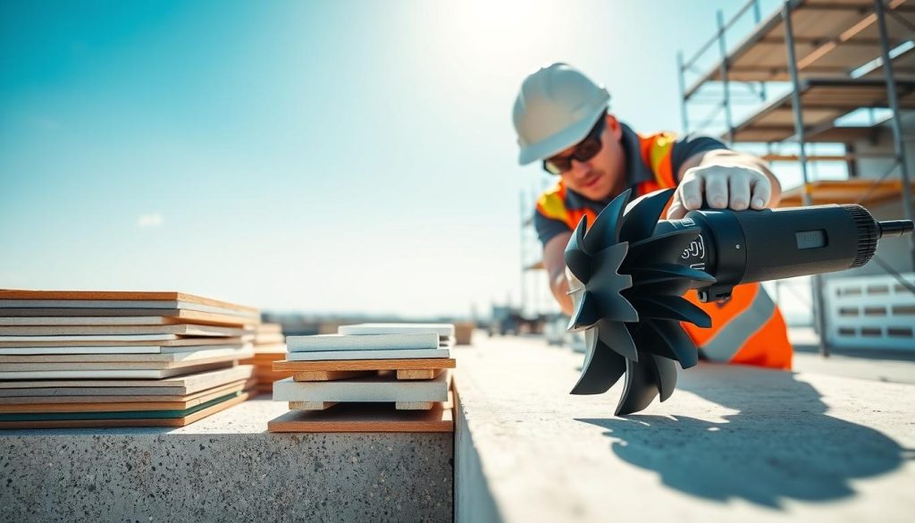 A sleek, modern construction site featuring a professional contractor using a versatile grooving tool on various materials, including concrete and softer substrates like wood and foam. In the foreground, the contractor is focused and wearing a hard hat and safety vest, showcasing a close-up of the tool in action, with precision cuts visible in the materials. The middle ground contains stacks of different materials, illustrating adaptability. The background is a clear sunny sky and scaffolding, emphasizing an active work environment. The lighting is bright yet soft, highlighting the textures of the materials and the tool. The atmosphere conveys professionalism and innovation, capturing the essence of adaptability in construction.