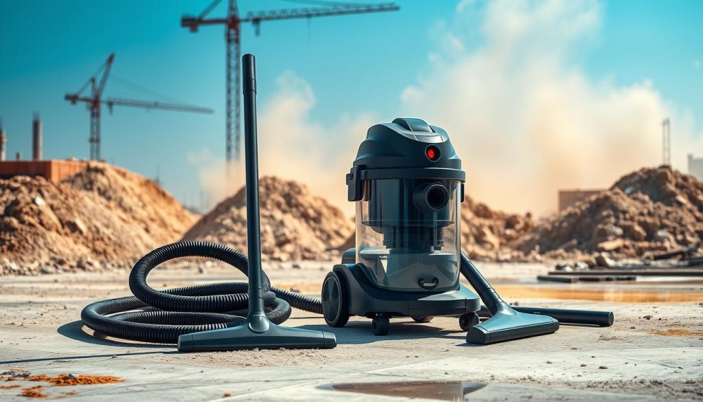 A versatile vacuum cleaner designed for wet and dry suction, positioned prominently in the foreground with a sleek, modern design featuring a robust body and a clear tank showcasing both dust and liquid. The vacuum is shown with accessories like a hose and nozzles neatly arranged beside it. In the middle, a construction site serves as the backdrop, with piles of silica dust and spilled liquid creating a realistic scenario for its use. Strong, natural daylight illuminates the scene, casting subtle shadows to enhance the three-dimensional effect. The mood conveys efficiency and reliability, aimed at professionals seeking robust cleaning solutions in challenging environments. The composition emphasizes functionality and versatility, capturing the vacuum's role in maintaining cleanliness and safety on construction sites.