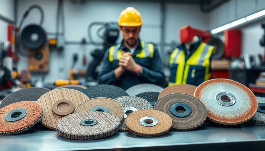 A well-organized display of various 125 mm abrasive discs on a sleek, modern workbench. In the foreground, focus on different types of abrasive discs, showcasing diverse textures and colors: ceramic, aluminum oxide, and diamond-grit surfaces. In the middle ground, include a professional looking technician in safety gear, examining the discs with a thoughtful expression, emphasizing precision and expertise. The background features soft-focus industrial tools and a clean workshop environment. Use soft, diffused overhead lighting to create a bright, inviting atmosphere that highlights the details of the discs while maintaining professionalism. Capture this scene from a slightly elevated angle to provide depth and context, emphasizing choice and comparison in the market for abrasive discs.