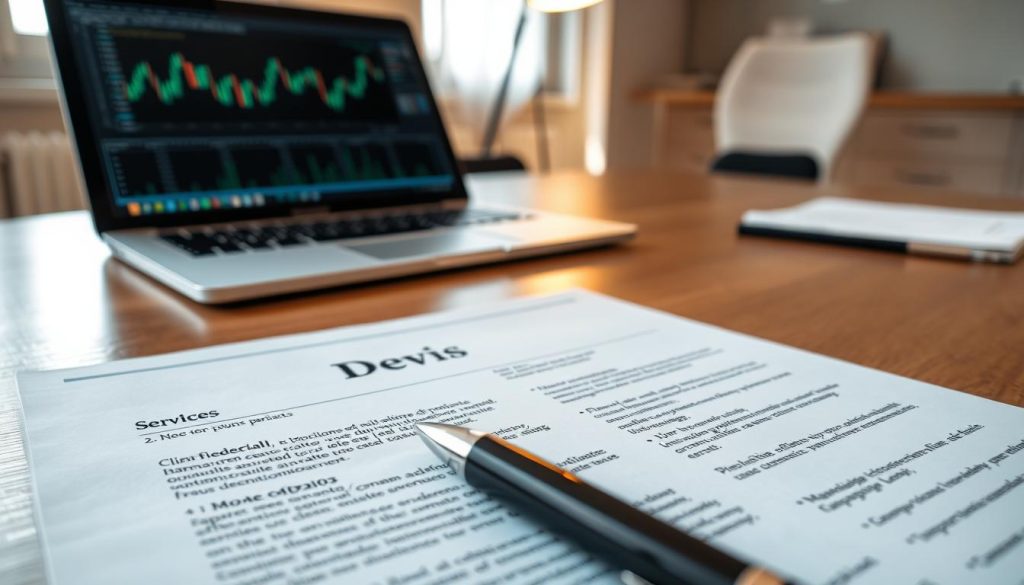 A close-up view of a detailed, professional client contract document labeled "Devis" on a sleek wooden desk. The contract features clear sections outlining services, pricing, and terms, elegantly designed with a formal font. In the foreground, a black pen rests on top of the contract, emphasizing its importance. In the middle ground, a softly lit laptop displays financial graphs, indicating business context. The background shows a blurred office environment with muted colors, hinting at professionalism. The lighting is warm, providing an inviting atmosphere, while the angle showcases the document directly, drawing the viewer's attention to its significance in commercial law in France. The scene conveys a sense of trust and clarity in business dealings. A close-up view of a detailed, professional client contract document labeled "Devis" on a sleek wooden desk. The contract features clear sections outlining services, pricing, and terms, elegantly designed with a formal font. In the foreground, a black pen rests on top of the contract, emphasizing its importance. In the middle ground, a softly lit laptop displays financial graphs, indicating business context. The background shows a blurred office environment with muted colors, hinting at professionalism. The lighting is warm, providing an inviting atmosphere, while the angle showcases the document directly, drawing the viewer's attention to its significance in commercial law in France. The scene conveys a sense of trust and clarity in business dealings.